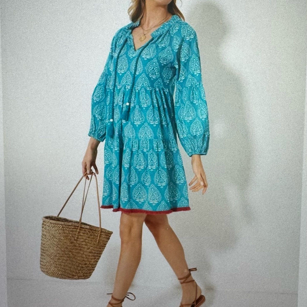 NWT Tuckernuck Tropical Teal Lantern Block Print Tie Neck Caftan Plus Size 3XL